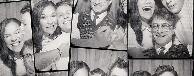 strips of photo booth photos depicting three friends, two male and one female, in various poses