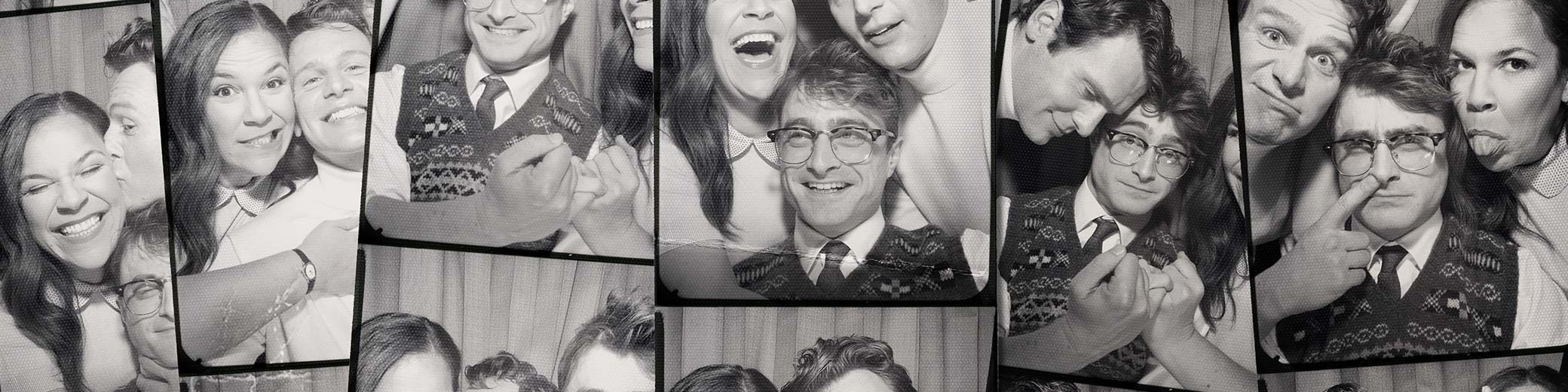 strips of photo booth photos depicting three friends, two male and one female, in various poses