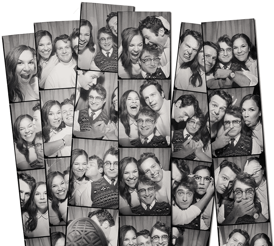 strips of photo booth photos depicting three friends, two male and one female, in various poses